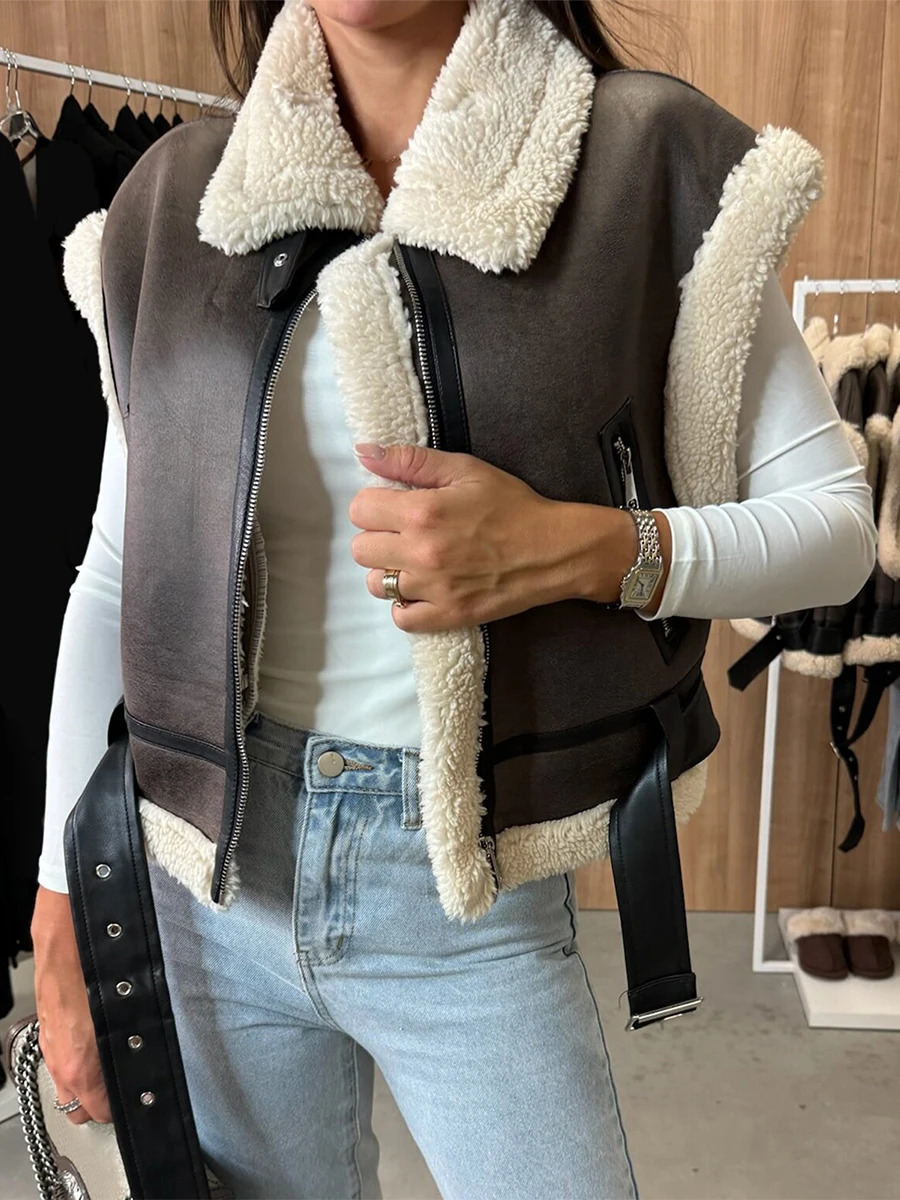 Women Leather Sherpa Vest Fur Collar Sleeveless Zipper Faux Suede Shearling Vest Biker Moto Jacket Winter Warm Outerwear 251018