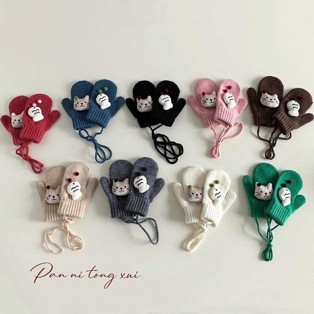 MINISO Gloves Child Trendy 3D Kitten Knit Gloves Thickened Winter Warmth Full Finger Korean Style Baby Hand Warmers Y251024