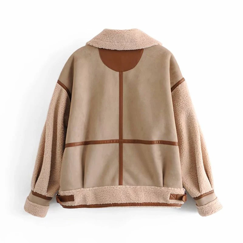 Womens Fashion Stitching Faux Leather Lamb Jacket With Zipper Decoration Stand Collar Thickening Warm Winter 251021