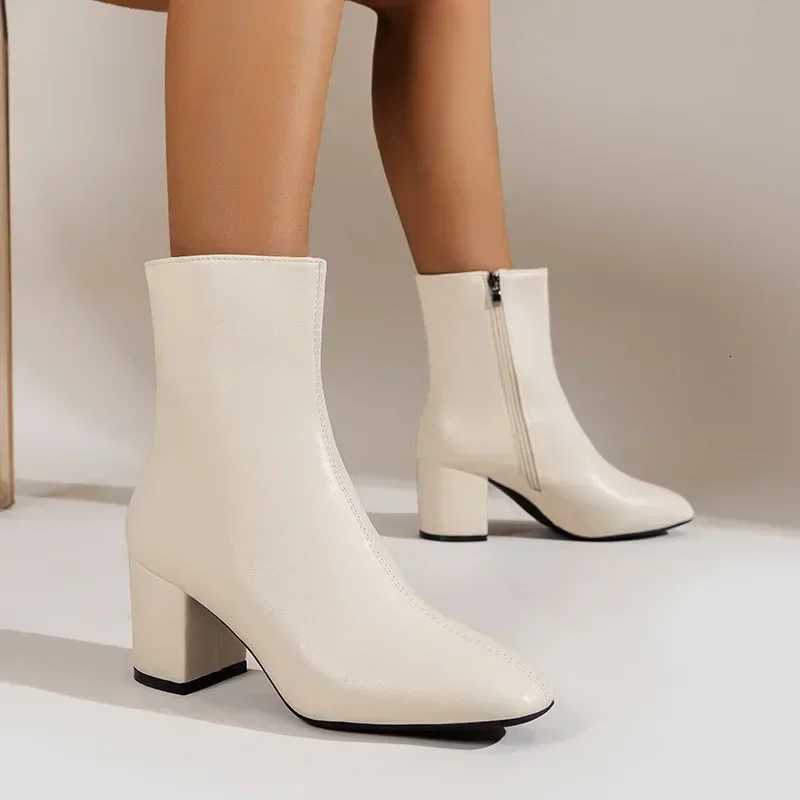 White Ankle Boots for Women Side Zipper Stretch Middle Heel Large Size Short Boot Fashion Pointed Shoes Botas De Mujer 2024 W251024