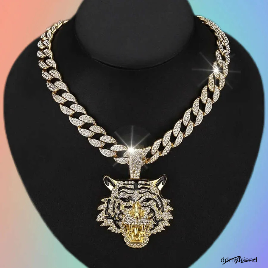 Men's Hip-Hop Tiger Pendant Necklace: Alloy Cuban Chain With 3D Full Dia Style Ddmyfriend