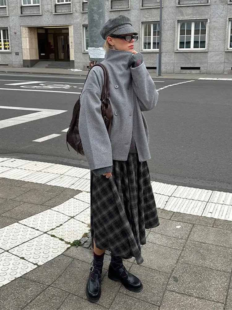GrayBrown Plaid ALine Midi Skirt High Waist Pleated Autumn Fashion Retro Women Bottoms Preppy Causal Elegant Lady 251017