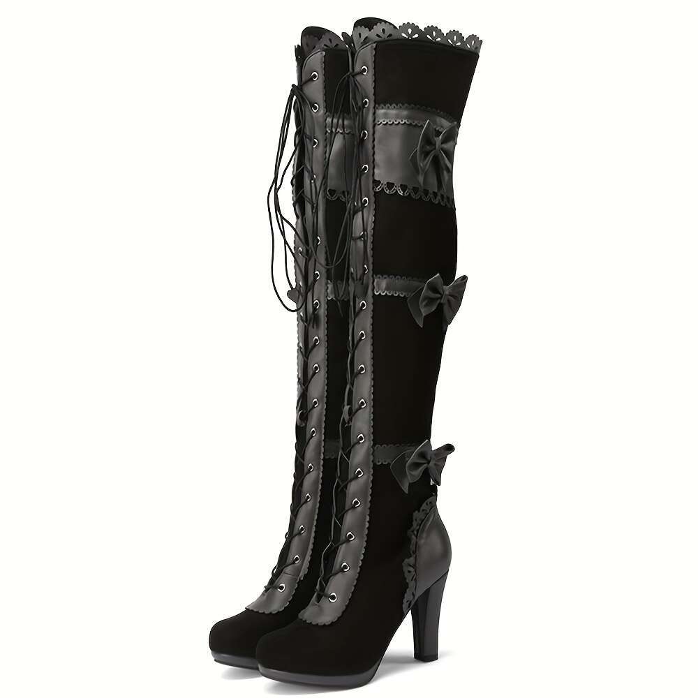 AMINUGAL Women's Steampunk Gothic Pirate - High Heel Over-The-Knee Lace-Up Thigh Boots With Bowknot Detail, Chunky Mid-Heel, PU Cover & Rubber So