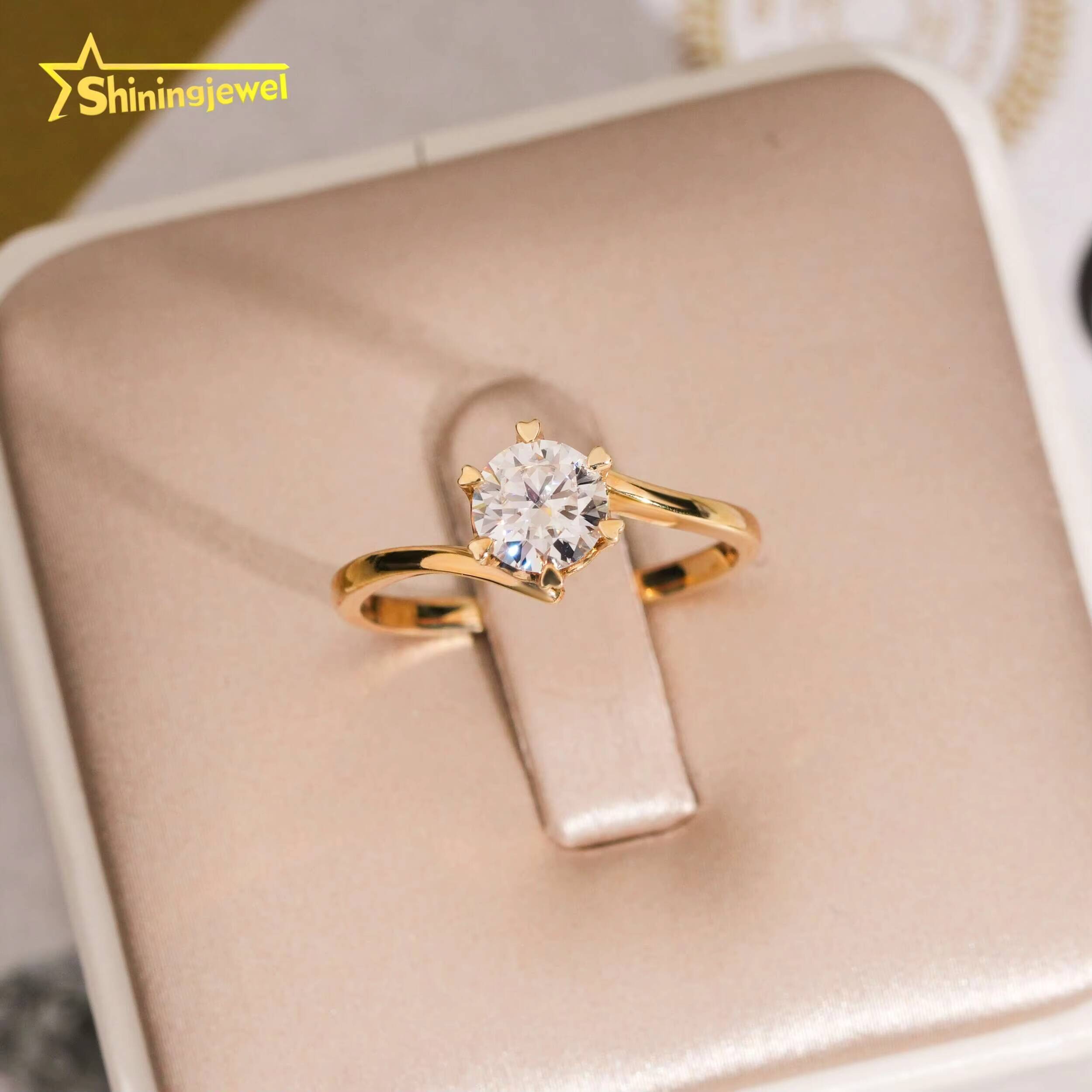 Trendy 6 Prong Round Cut VVS Moissanite Diamond Wedding Rings 14K Real Gold Wedding Engagement Rings for Women
