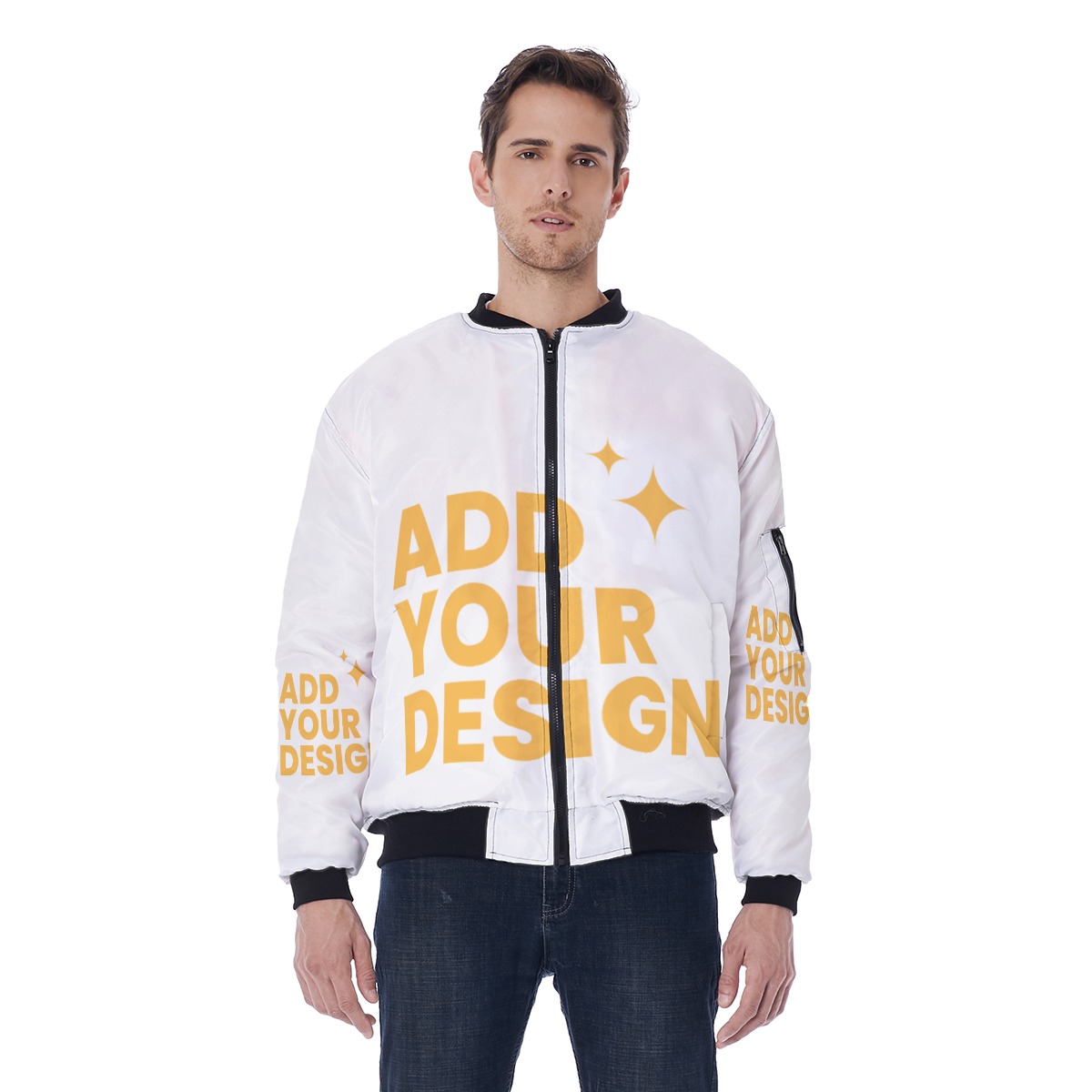 DHgatepod Men's Sleeve Pocket Bomber Jacket - All-Over Print Twill Weave Aviator Coat with Orange Lining & Zipper Detail