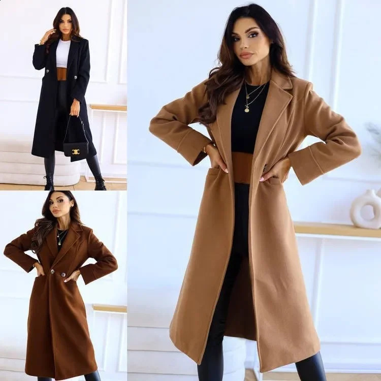 Plus Size Womens Woolen Coat Long Sleeve Notch Collar Button up Autumn Winter Simple Double Breasted Jacket Large 251018