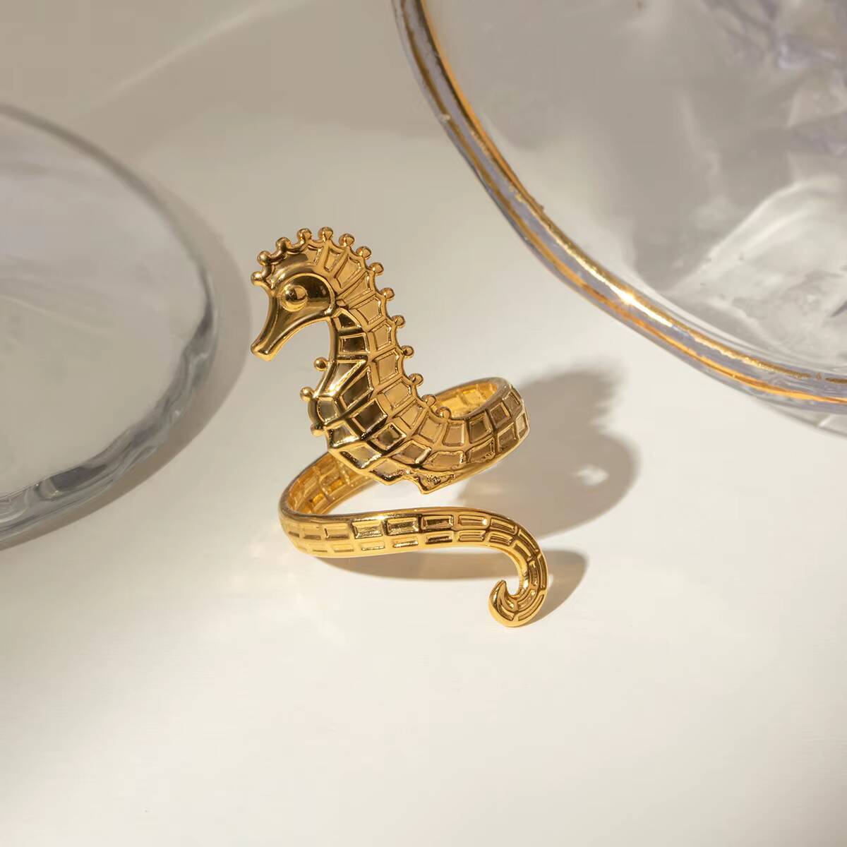 Wholesale Personalized Summer Ocean Series 18k Gold Stainless Steel Seahorse Open Ring