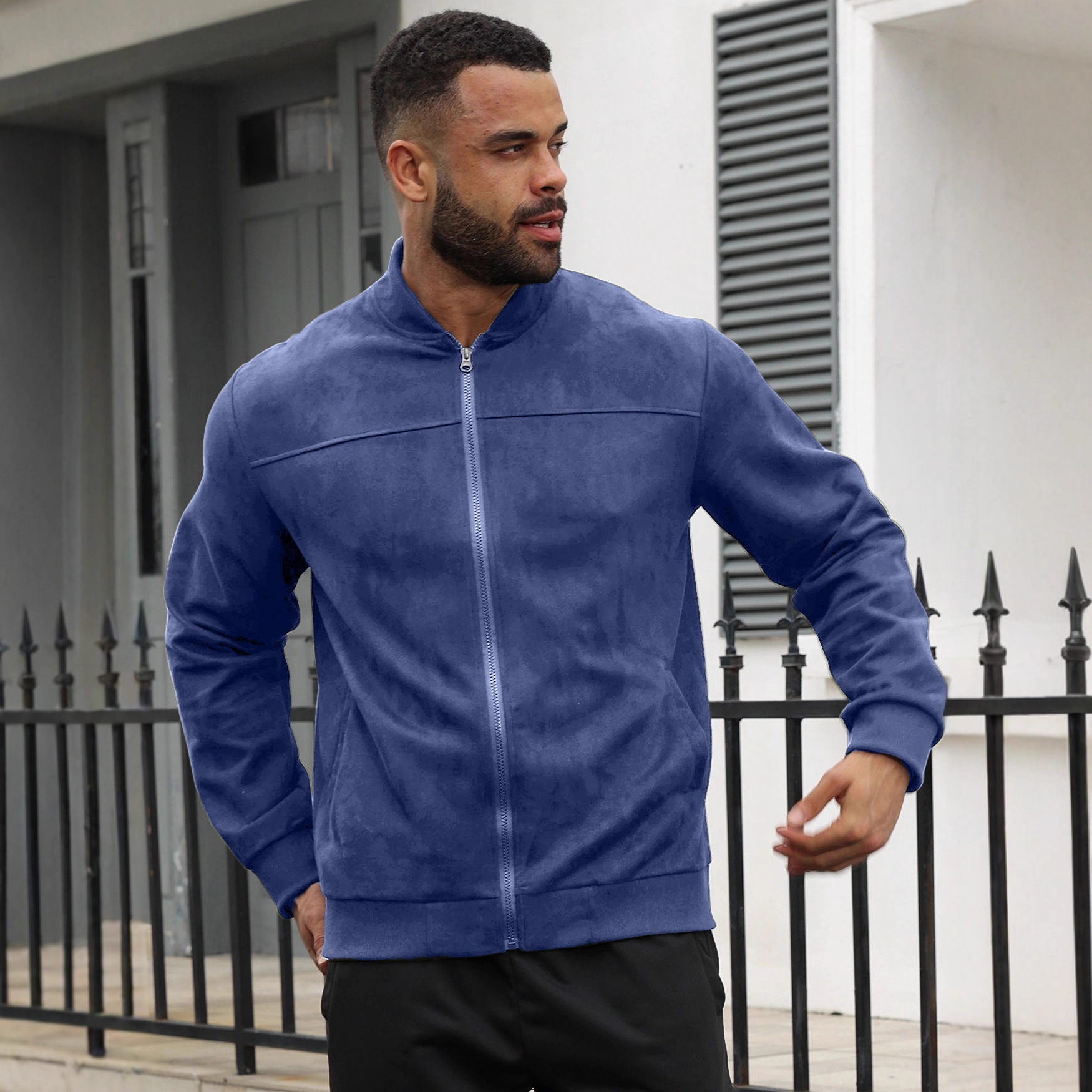 25 European And American Cross-border Autumn Men's Suede Flight Jacket Solid Color Zipper Cardigan Designer Hoodie Jacket Tracksuit Men Polo Vest