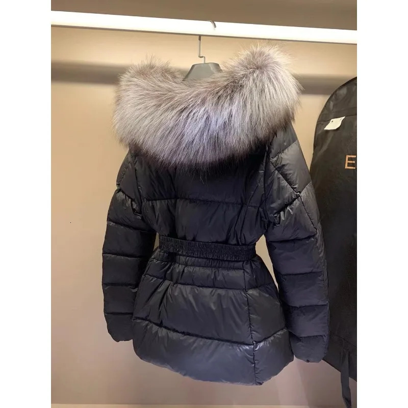 Womens Models Fall Winter Tops Coat Down Jacket Hooded Waisted Fox Fur Collar White Duck Down Innerwear Round Collar Warm Soft 251024