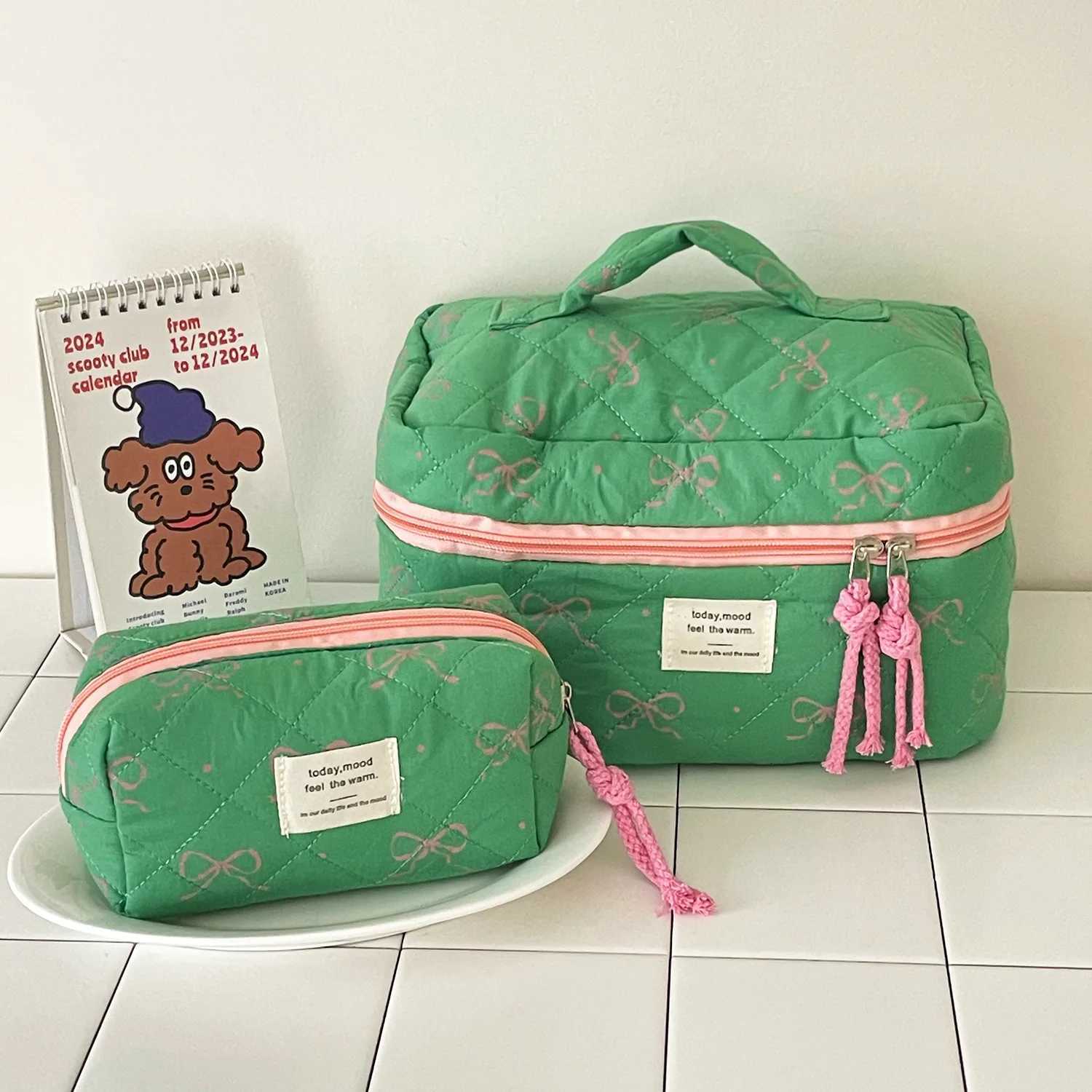 Sweet Bow Casual Womens Cosmetic Bags Contrast Color Ladies Toiletry Storage Bag Travel Portable Female Makeup Case HandbagsT251024