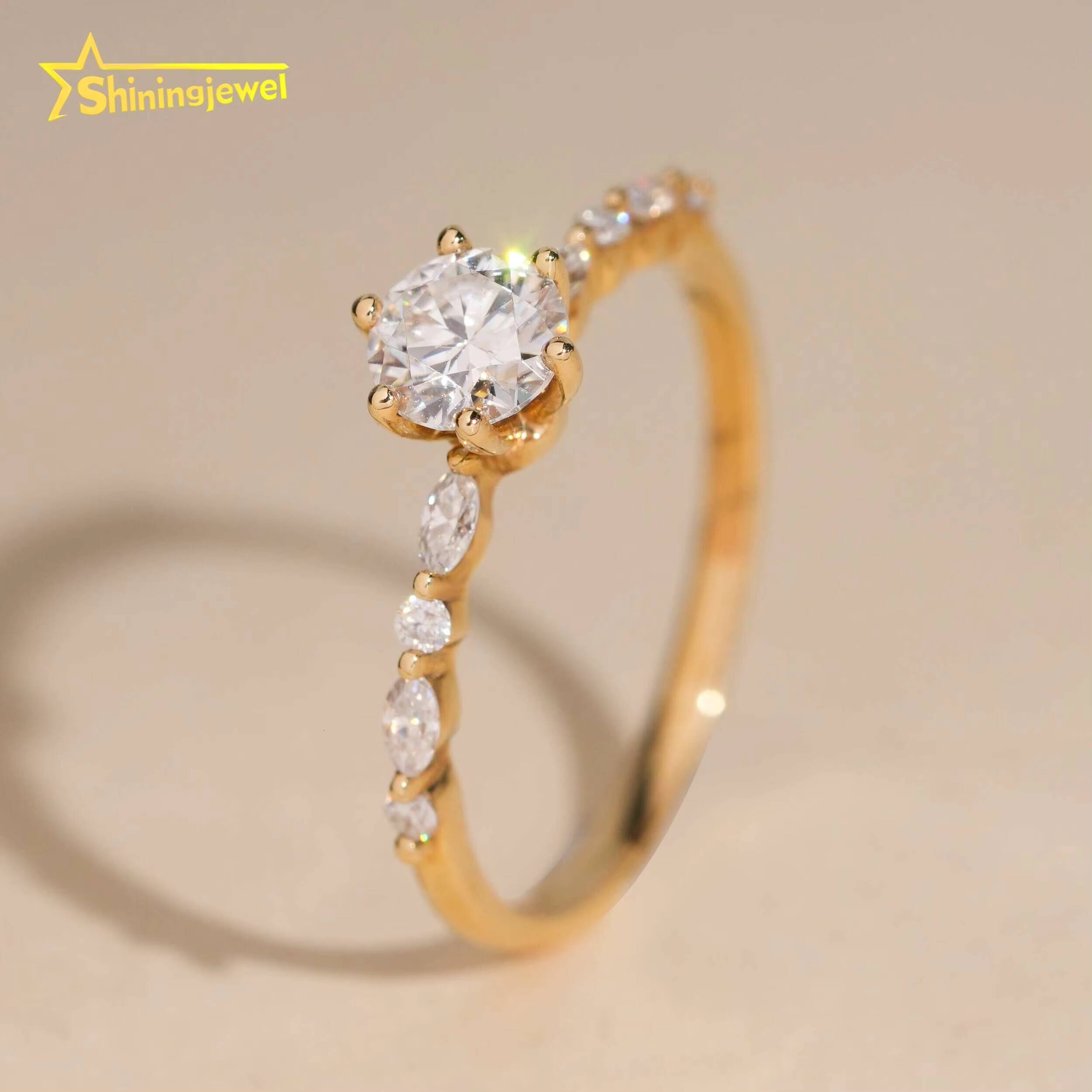 14K Solid Gold Fashion Women Ring Round Cut Moissanite Engagement Rings for Women Pass Diamond Tester