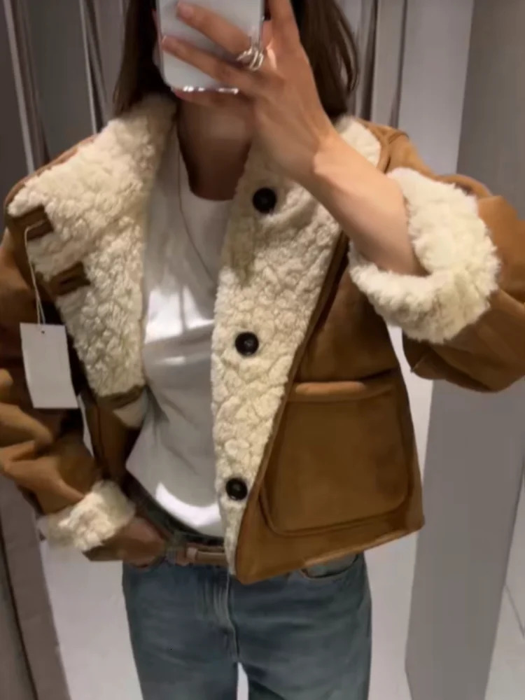 Casual Reversible Lamb Wool Coat Women Stand Collar Single Breasted Pocket Loose Short Warm Jacket Lady Commute Office Jackets 251021