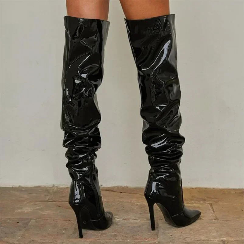 Overtheknee Boots Women Fashion Pointed Toe Black Side Zipper Thin High Heels Female Shiny Pleated High Heel Botas 2024 251023