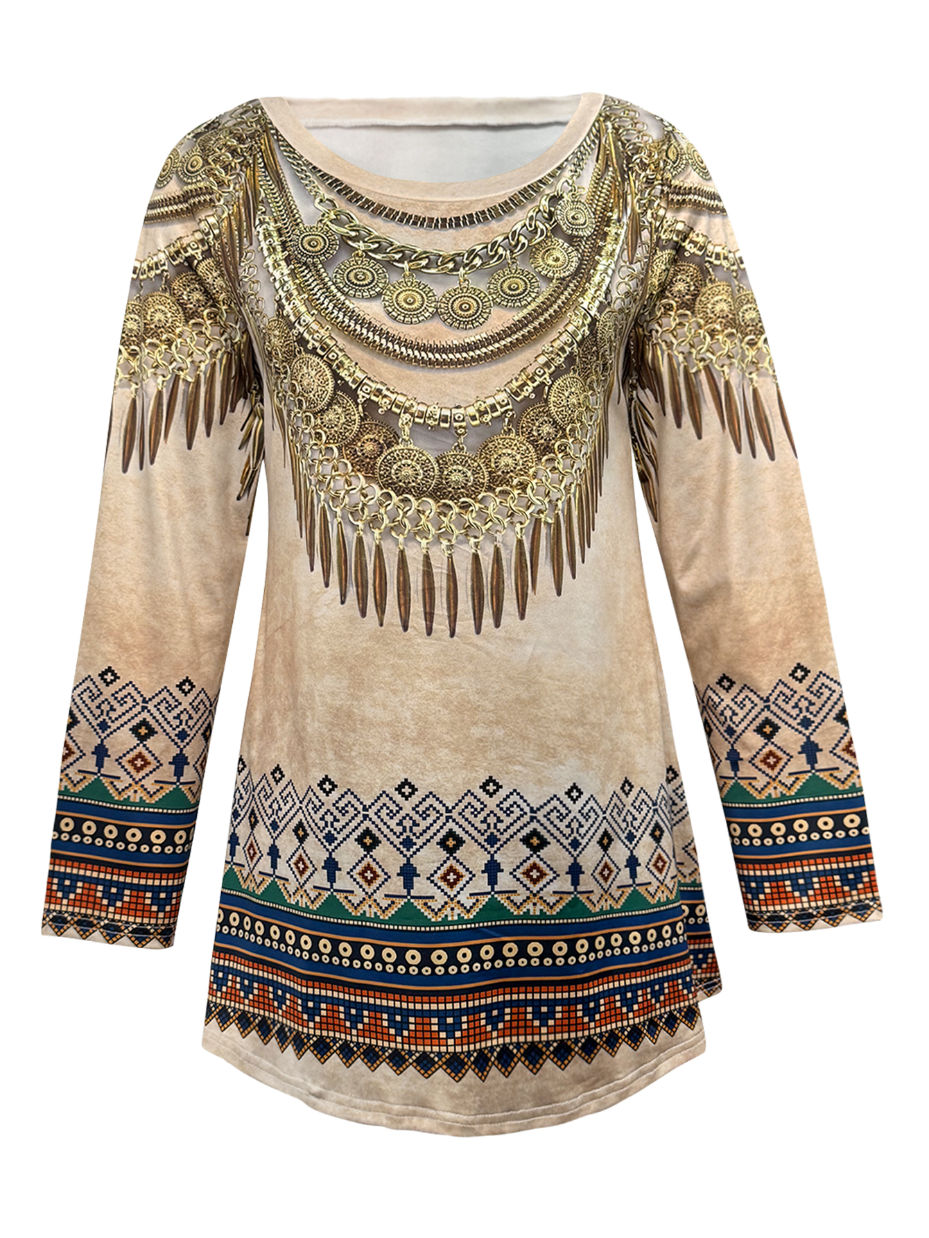 Autumn New Women's Casual Ethnic Style Long Sleeve T-Shirt, Milk Silk Lightweight Versatile Top, S-XXL Khaki--CF43374