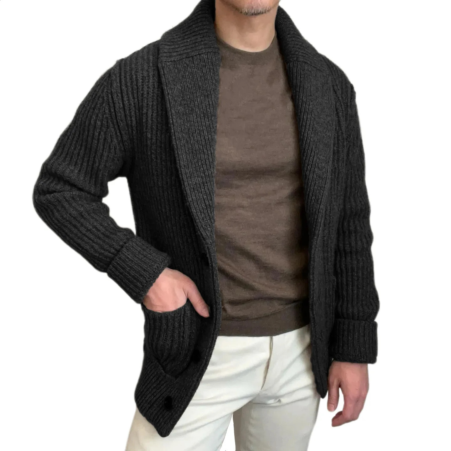 Vintage Fashion Men Knitted Cardigan Sweater Autumn Winter Warm Lapel Knitting Coat Casual Solid Slim Fit Knit Jacket Streetwear 251020