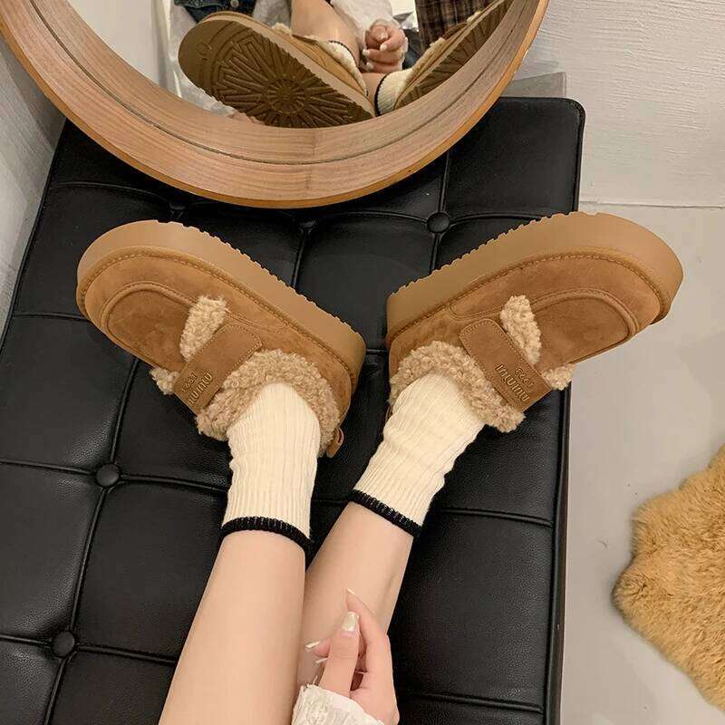 Warm Lamb Wool Cotton Padded Shoes Women New Flat Thicken Plush Winter Woman Non Slip Thick Bottom Ankle Snow Boots