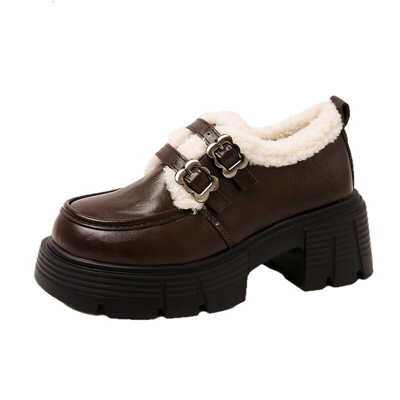 Thick Sole Height Increasing Warm Fleece Lined Belt Buckle Loafers Women's Shoes 2025 Autumn New British Style Commuter Flats ddmythur