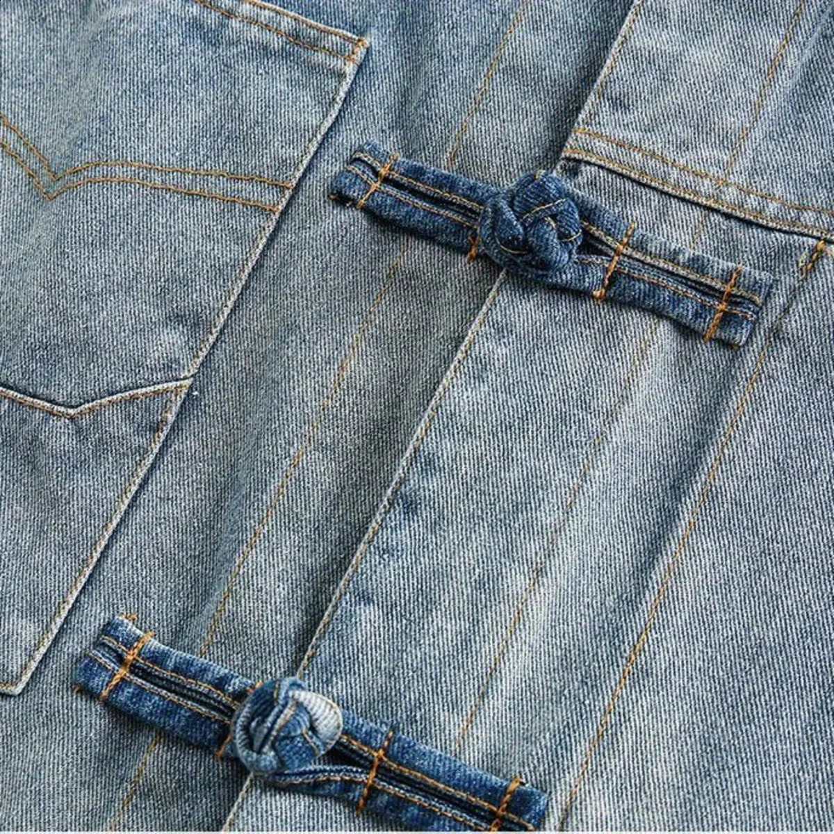 Retro Chinese Style Men Chic Distressed Denim Jacket with Frog Buttons Unisex Vintage Streetwear Coat for Casual Couple Wear 251017