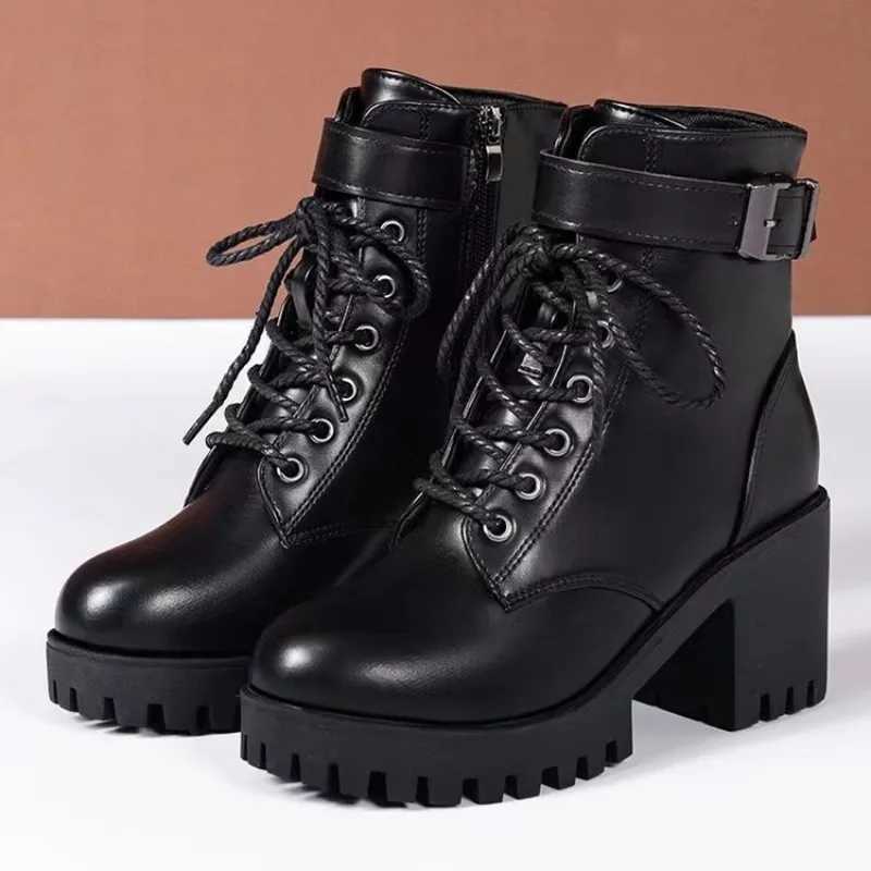 Winter Womens Boots 2025 New Lace Up Boots for Womens Fashion Thick Heel Side Zipper Ankle Boots Warm Female Motorcycle Shoes W251024