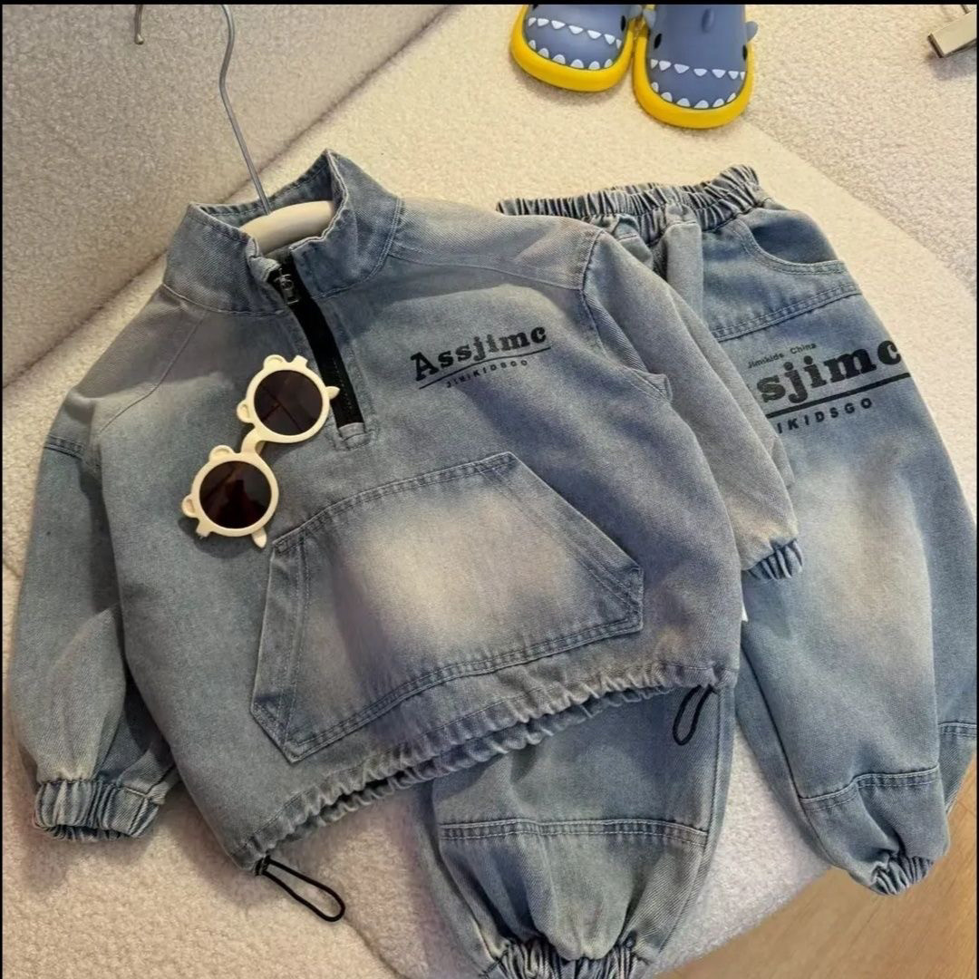 2025 Trendy Korean Boys Denim Set, Cool Denim Jacket with Pants 2-Piece Outfit, Spring Fall Fashion