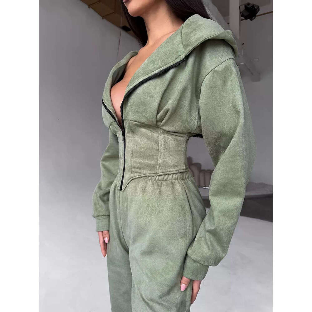 Wind Autumn Winter Women's Solid Color Waist Hoodie Sweatshirt Sports Casual Pants Two-Piece Set for Women