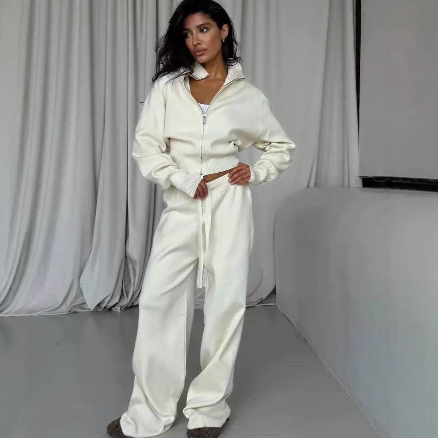 2025 Autumn New Women's Zipper Long Sleeve Casual Solid Color Knitted Two-Piece Set