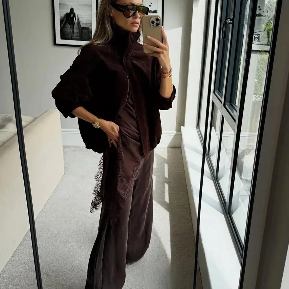 KONDALA Streetwear Suede Chic Brown Jacket Women Long Sleeve Zipper Bobmer Coats Fashion Fall Winter Casual Elegant Outwear 251020