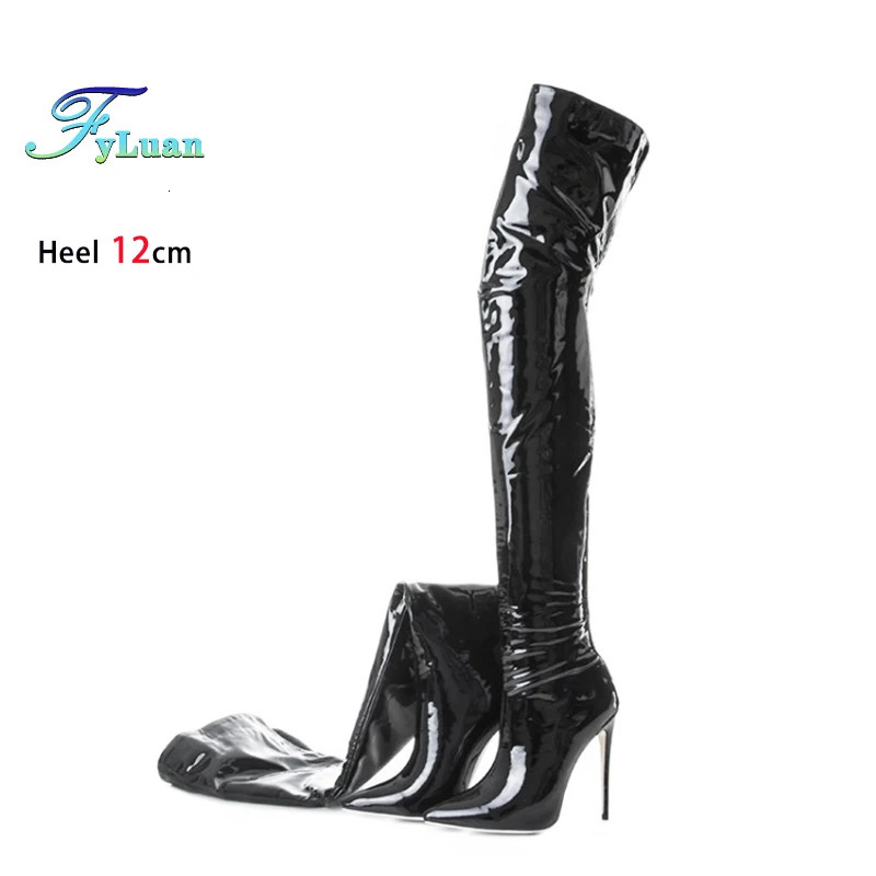 Back Zipper Slim Leg Thigh Boots For Woman 2025 Pointed 12CM Thin High Heels Glossy Leather Black Over The Knee Women Boots 251023