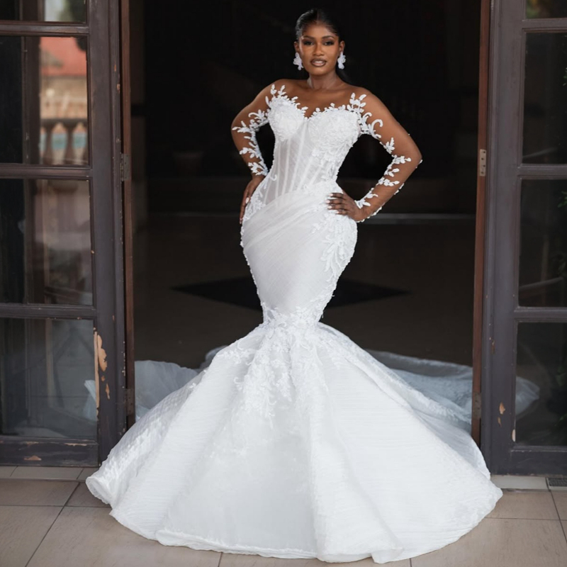 2025 Aso Ebi African Wedding Dress Bridal Gowns For Bride Mermaid Sheer Neck Illusion Appliqued Beaded Lace Wedding Gowns For Black Women D714