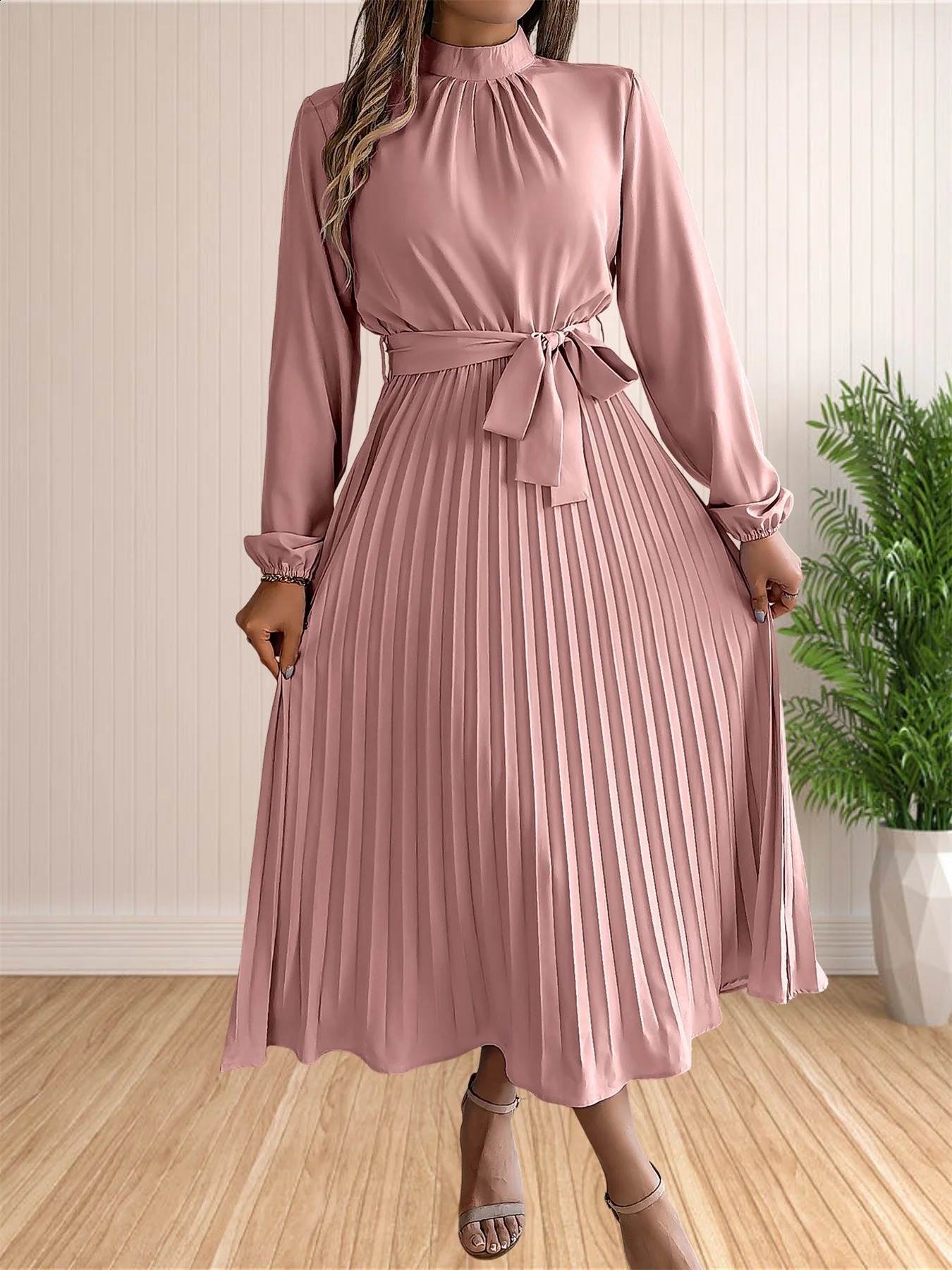 Womens Long Dresses Summer Elegant Pleated Long Sleeveed Lace Up Dresses Beach Boho Wrap Ruffle Hem Swing Sundress 251023