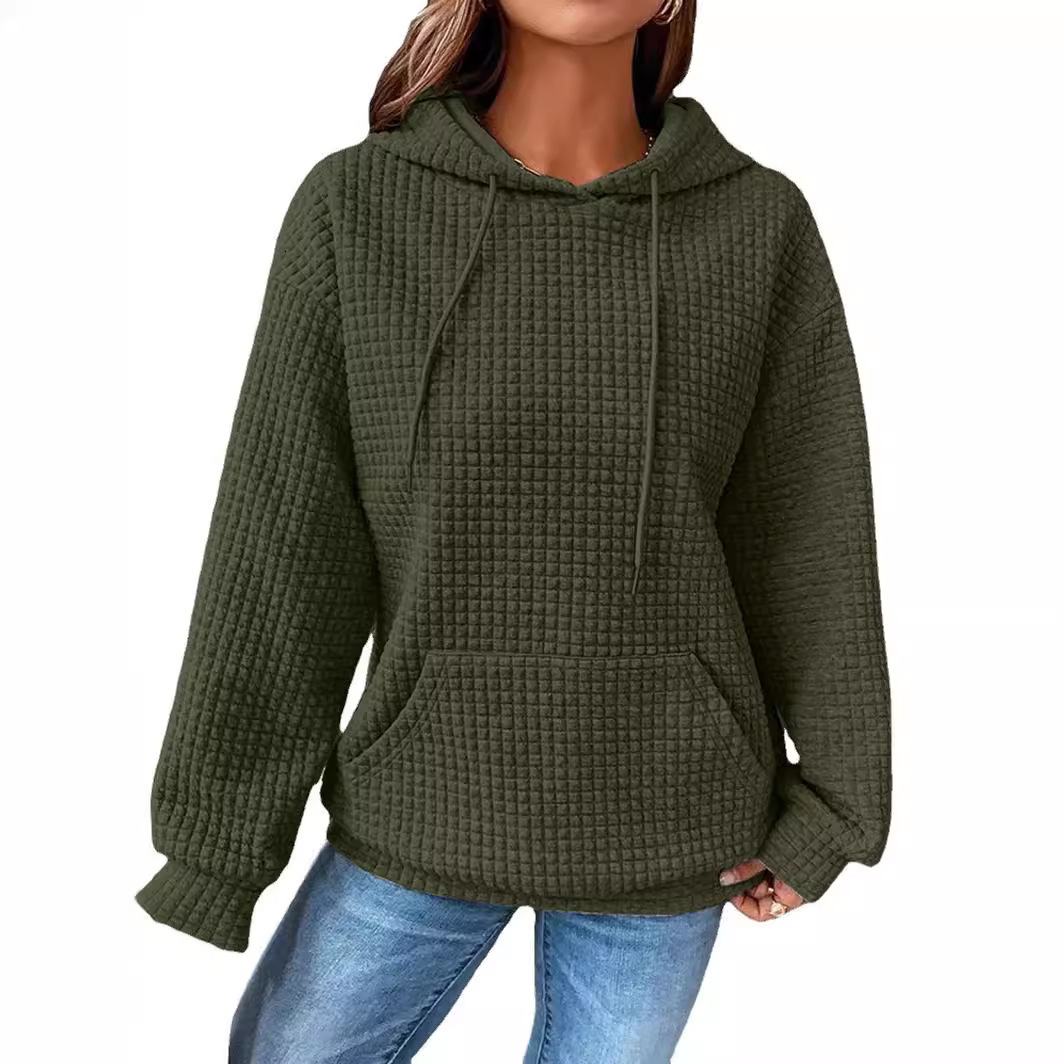 Autumn Winter Women's New Style Small Plaid Round Neck Hooded Long Sleeve Sweatshirt Solid Color Top for Women