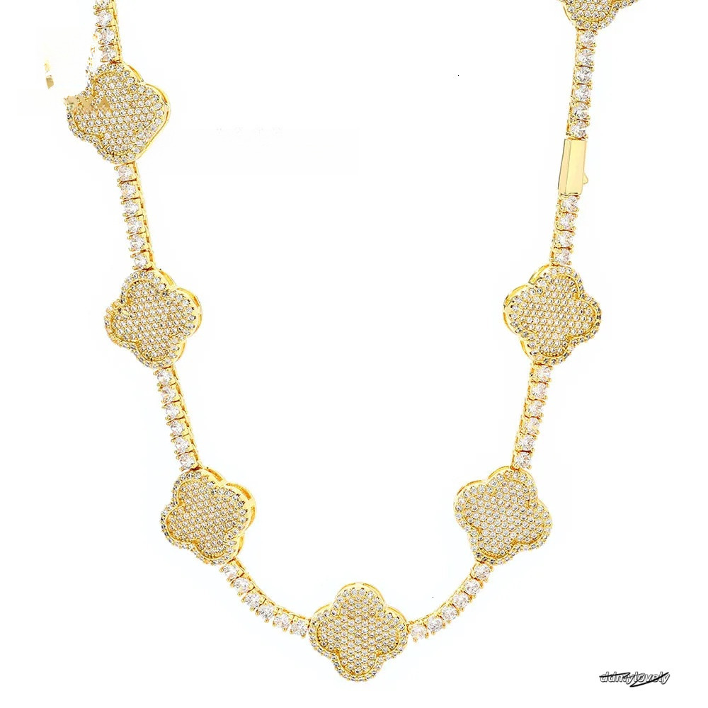 Hip Hop Fine Jewelry Four-Leaf Clover Tennis Necklace Women Gold Plated 3A Zircon Iced Out Bling Dia Chain Ddmylovely