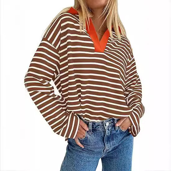 2025 Autumn and Winter New Striped V-Neck Color-Block Loose Long-Sleeve Sweatshirt Jacket