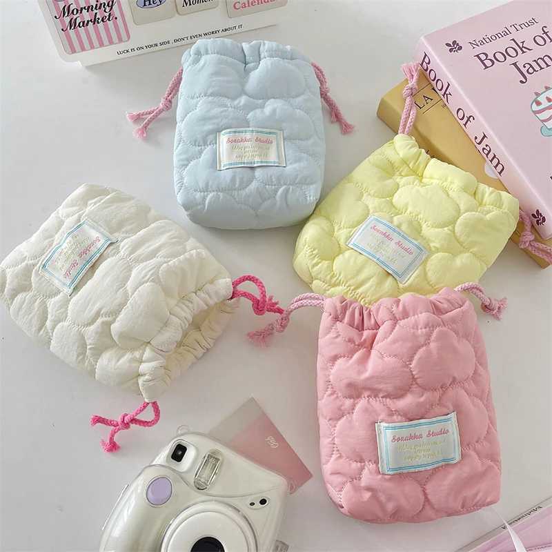 Fashion Drawstring Storage Bag For Camera Solid Color Heart Striped Organizer Candy Color Portable Travel Makeup CaseT251024