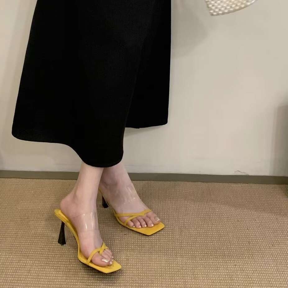 2025 Designer Shoe New Simple Versatile Strap Transparent Square Toe One-Strap Clip-Toe Thin High Heel Outdoor Sandals