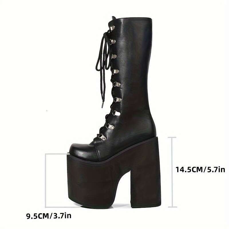 Women's Y2k Chunky Platform With Side Zipper Lace-Up Detail - Black Square Toe PU Cover High Heel Boots For Casual & Formal Wear, All-Season Comf