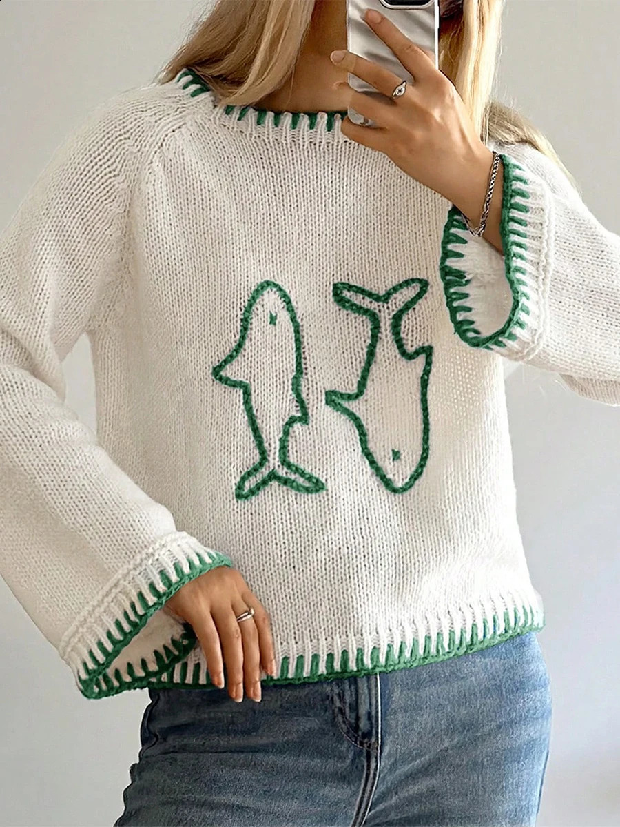 Maemukilabe Autumn Loose Knitted Sweater Fish Animal Pattern Long Sleeve Round Neck Pullover Jumpers Y2K Aesthetic Knitwear Tops 251023