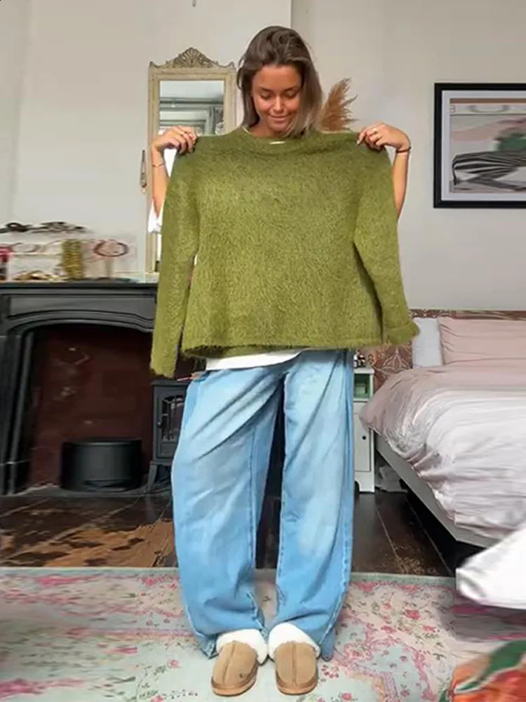 Casual Green Loose Sweaters Women Fashion Full Sleeve Knitted Oneck Soft Pullover Sweater Female Autumn Lady Outwears 251023