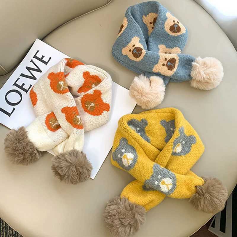 Cute Bear Baby Knitted Scarf Plush Ball Kids Cross Scarves Thicken Woolen Children Neckerchief 26Year Boys Girls Neck Collar Y251024