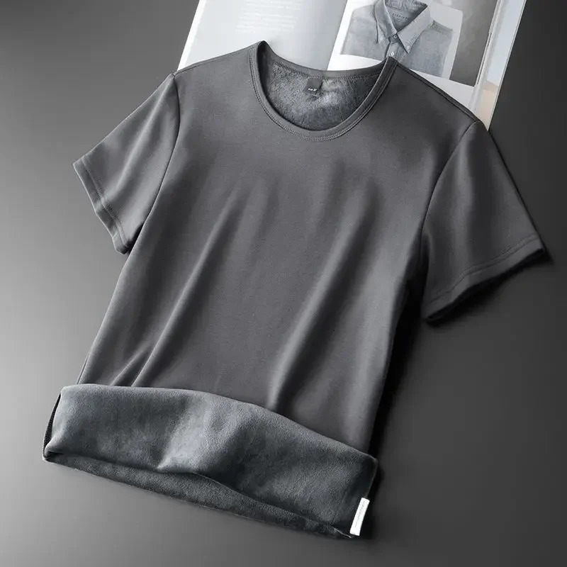 Men Thermal Underwear Tops Fleece Thickened Short Sleeve Slim Round Neck Bottom Shirt Velvet Comfortable Warm Solid Pullover 251018