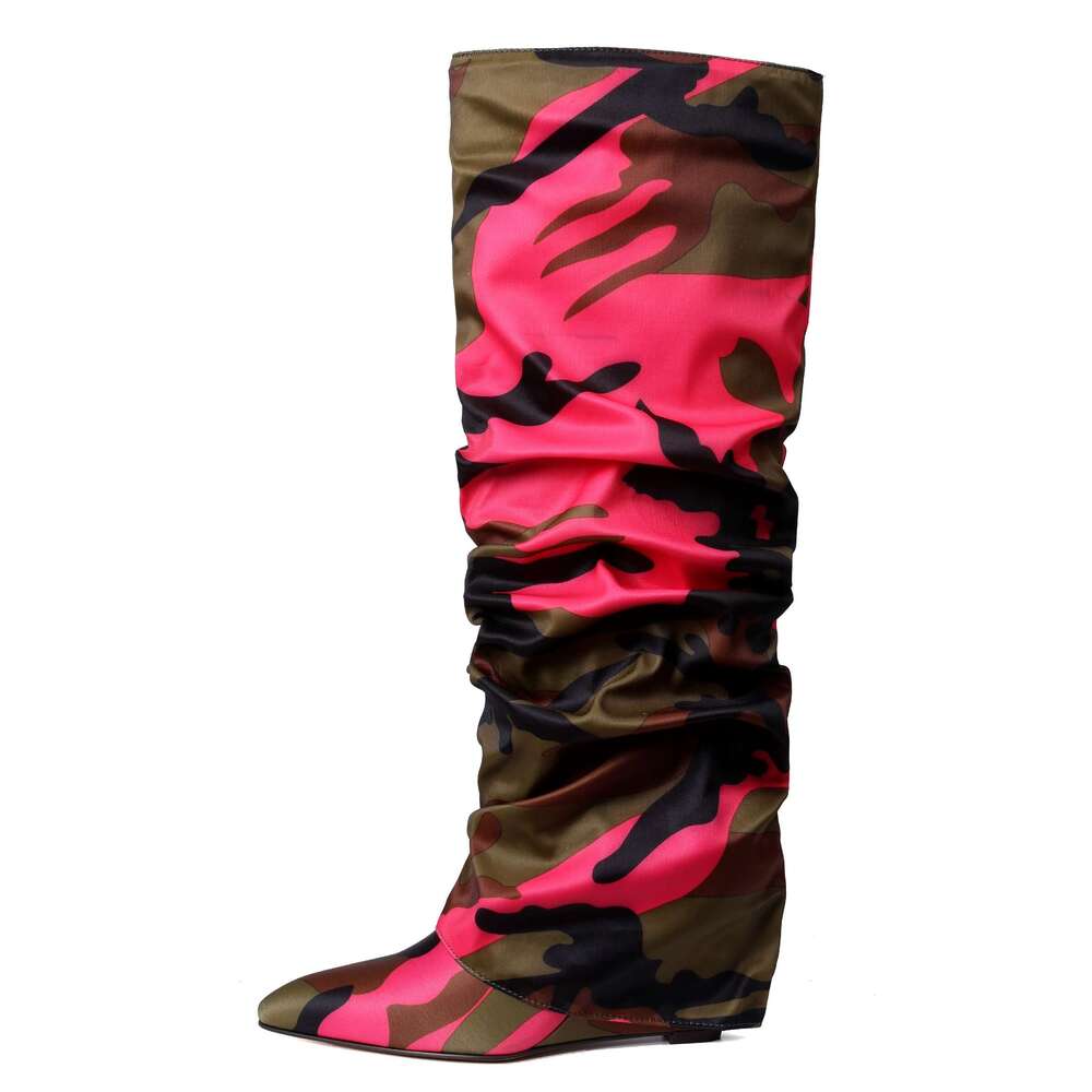 Knee Shark For Women, Fold Over Ruched Slouchy Pleated With Wedge High Heels Pointed Toe Pull On Mid Calf Boots
