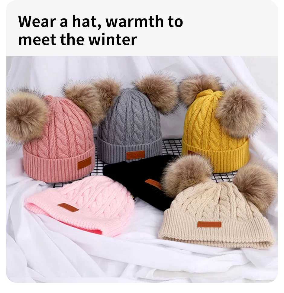 Cute Double Wool Pompom Baby Hat Children Cap Warm Autumn Winter Hats For Kids Boys Girls Knitted Warmer Beanie Caps BonnetL251024