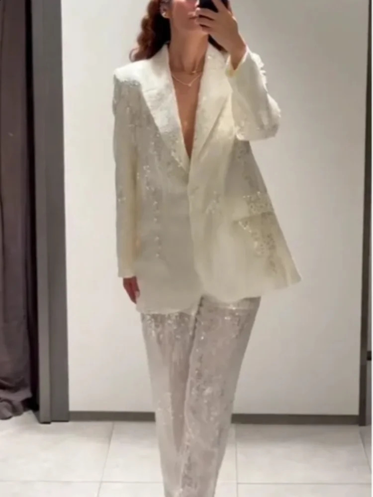 Women Suit Sequin Blazer Long Sleeve Laple Jacket Straight Perspective Trouser 2 Piece Pant Set Elegant Lady Office Outwear 251023