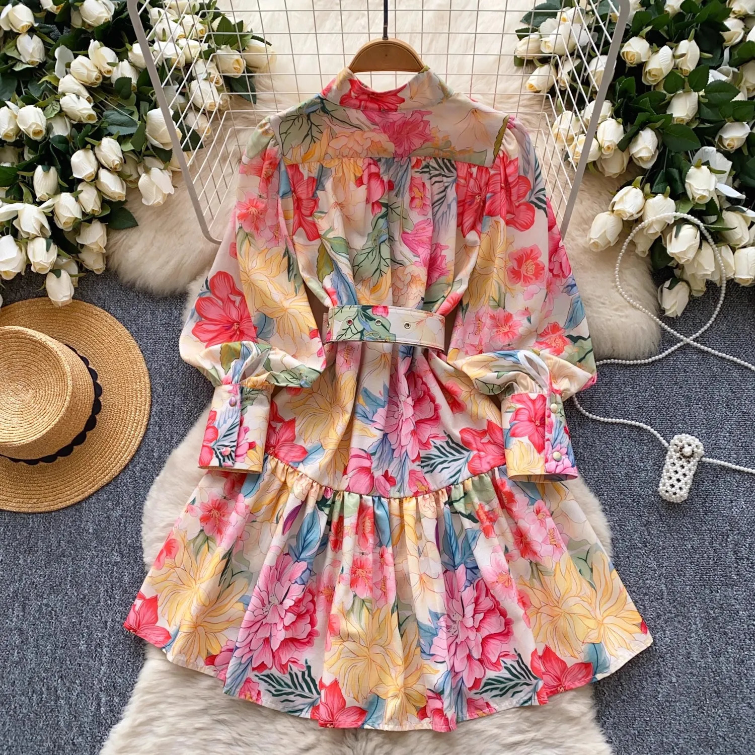 Runway Gorgeous Flower Linen Robe Dresses Women Summer Stand Holiday Lantern Sleeve Floral Print Belt Evening Party Vestido 251022