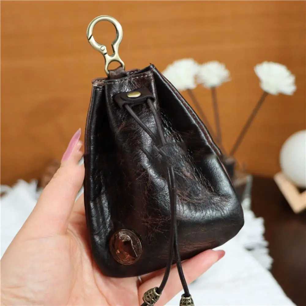 Solid Color Retro Genuine Leather Coin Purse Pouch Drawstring Wallets Car Key Bag Men Women Simple Hanging Bag Waist Purse Z251023