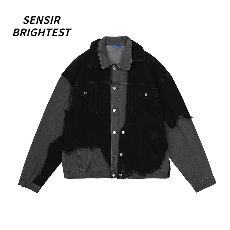 American High Street Washed Grayblack Stitching Pierced Denim Jacket Irregular Burr Long Sleeve Men 251017