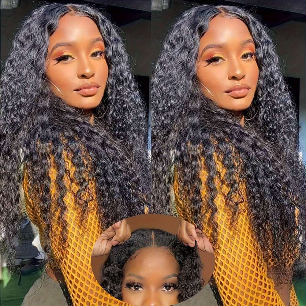 Elegant Deep Wave Glueless Human Hair Wig - Pre-Plucked 6x4 HD Lace Front, Ready to Wear, 200% Density, Natural Black Curly Texture Women, Perfect for
