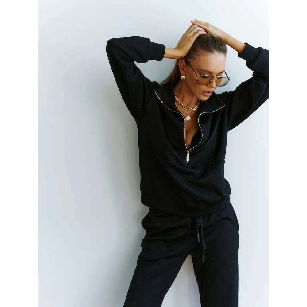 Casual Women's Solid Color Long Sleeve Zipper Loose Top with Drawstring Pants Two-Piece Set