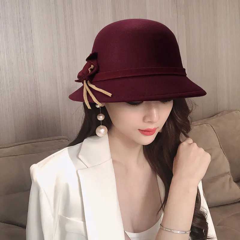 2022 Autumn Winter Fedoras Women Hat Elegant Vintage Bowknot Wool Ladies Hat Dome Felt Wedding Church Jazz Cap Female Bow BowlerL251024