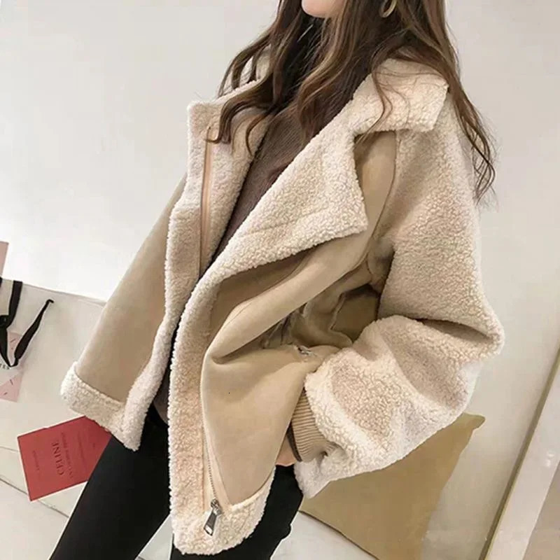 FSMG Women Thick Plush Warm Coat Lamb Wool Sheepskin Faux Suede Zipper Jacket Loose Fur One Piece Winter Fashion Khaki Outerwear 251021